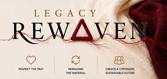 Legacy Rewoven wordmark with crimson fiber Delta, loose intertwined threads, and sustainability values